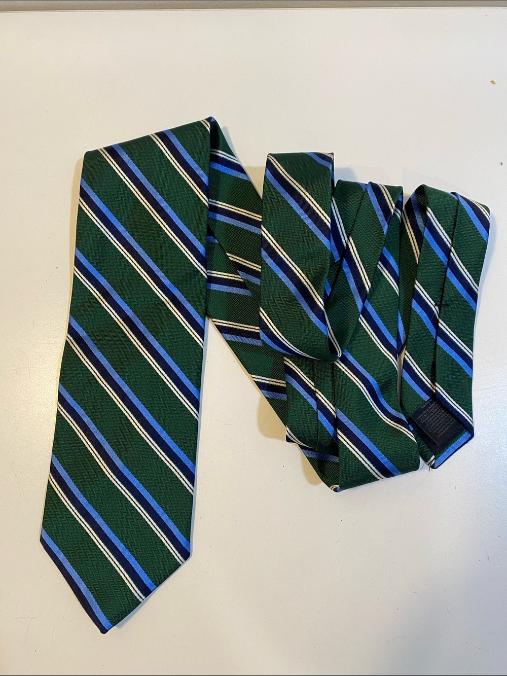 Brooks Brothers Green Striped Silk Tie with Blue and White Accents
